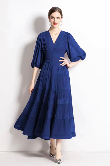 Solid Tiered Long Dress - Blue